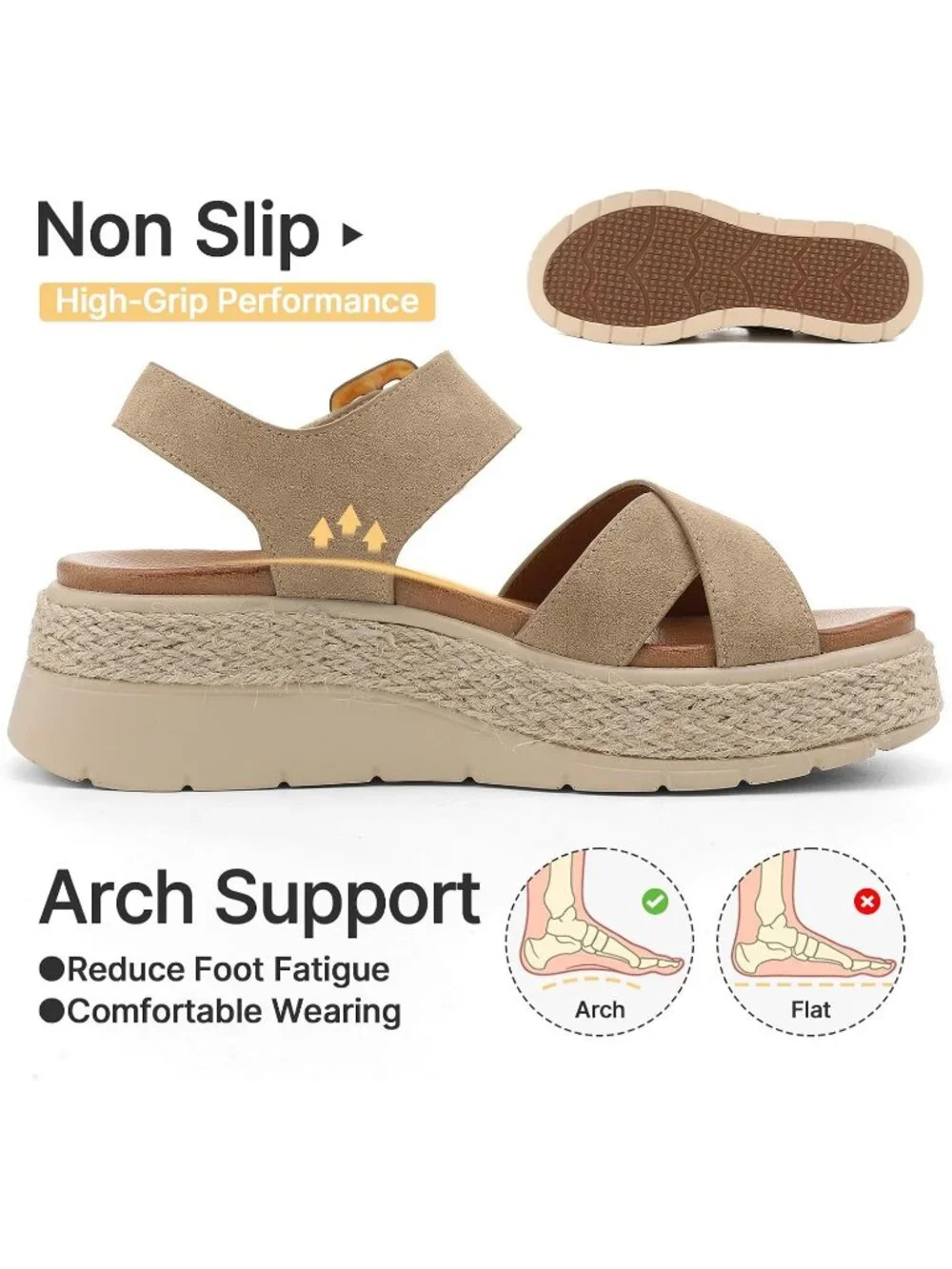 Womens Khaki Comfortable Solid Espadrille Low Wedge Heel Platform Sandal Shoes